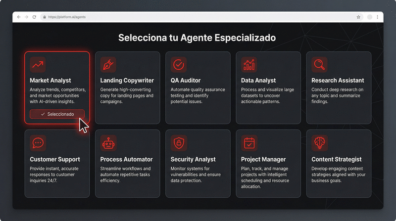 Demostración de automatización con agentes IA: 3 pasos simples - Selecciona agente especializado, Ingresa datos, Recibe resultados instantáneos
